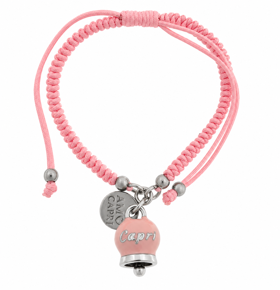 Amo Capri - Bracciale Acciaio Cordino Rosa e Campanella Portafortuna Capri