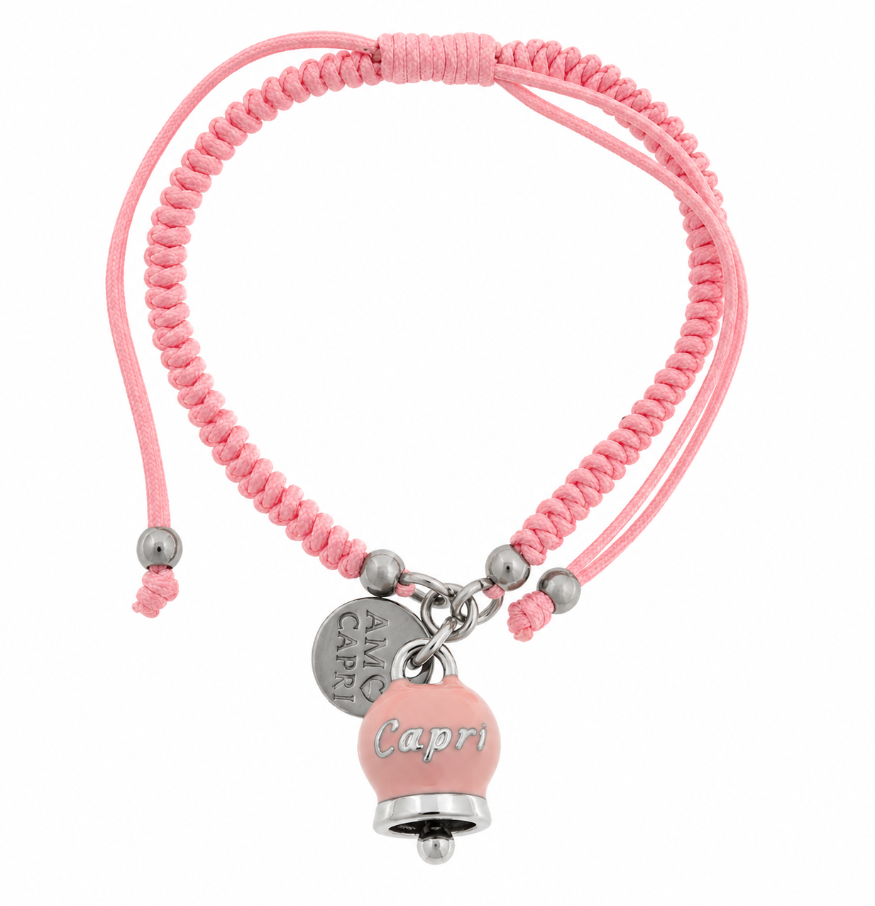 Amo Capri - Bracciale Acciaio Cordino Rosa e Campanella Portafortuna Capri