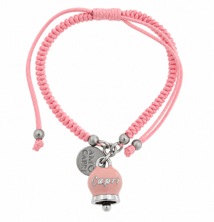 Amo Capri - Bracciale Acciaio Cordino Rosa e Campanella Portafortuna Capri
