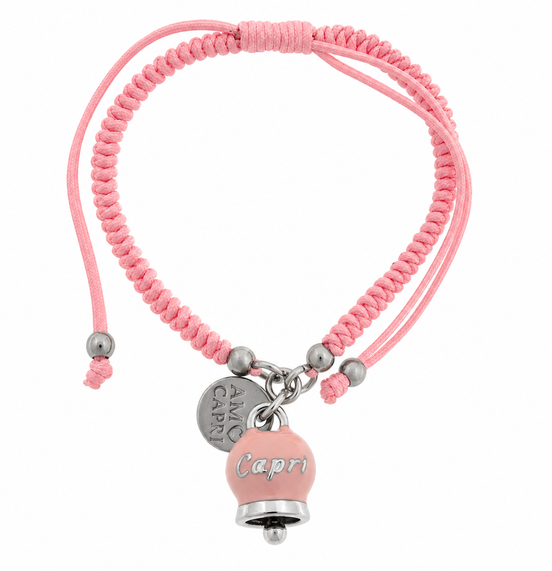 Amo Capri - Bracciale Acciaio Cordino Rosa e Campanella Portafortuna Capri