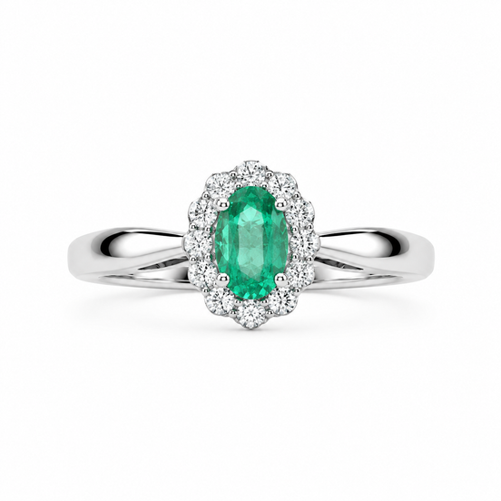 Fico Gioielli - Anello Halo con Smeraldo Naturale e Diamanti in Oro Bianco