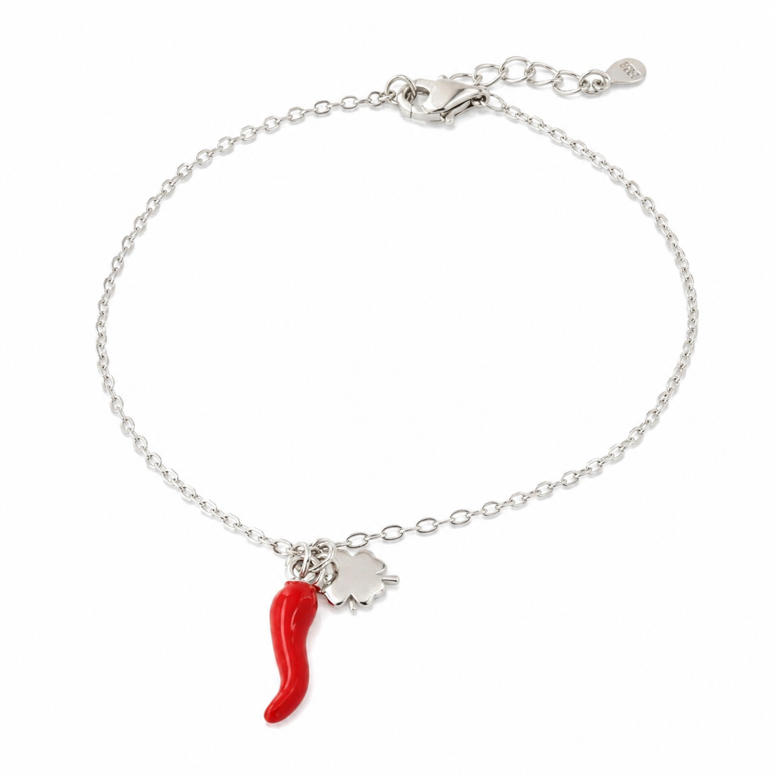 Bysimon - Bracciale in Argento 925 con corno impreziosito da smalto rosso e quadrifoglio portafortuna