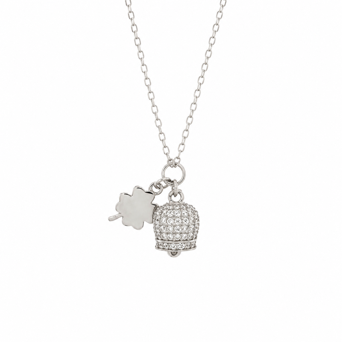 BYSIMON - Collana in Argento 925 campanella portafortuna con quadrifoglio e cubic zirconi