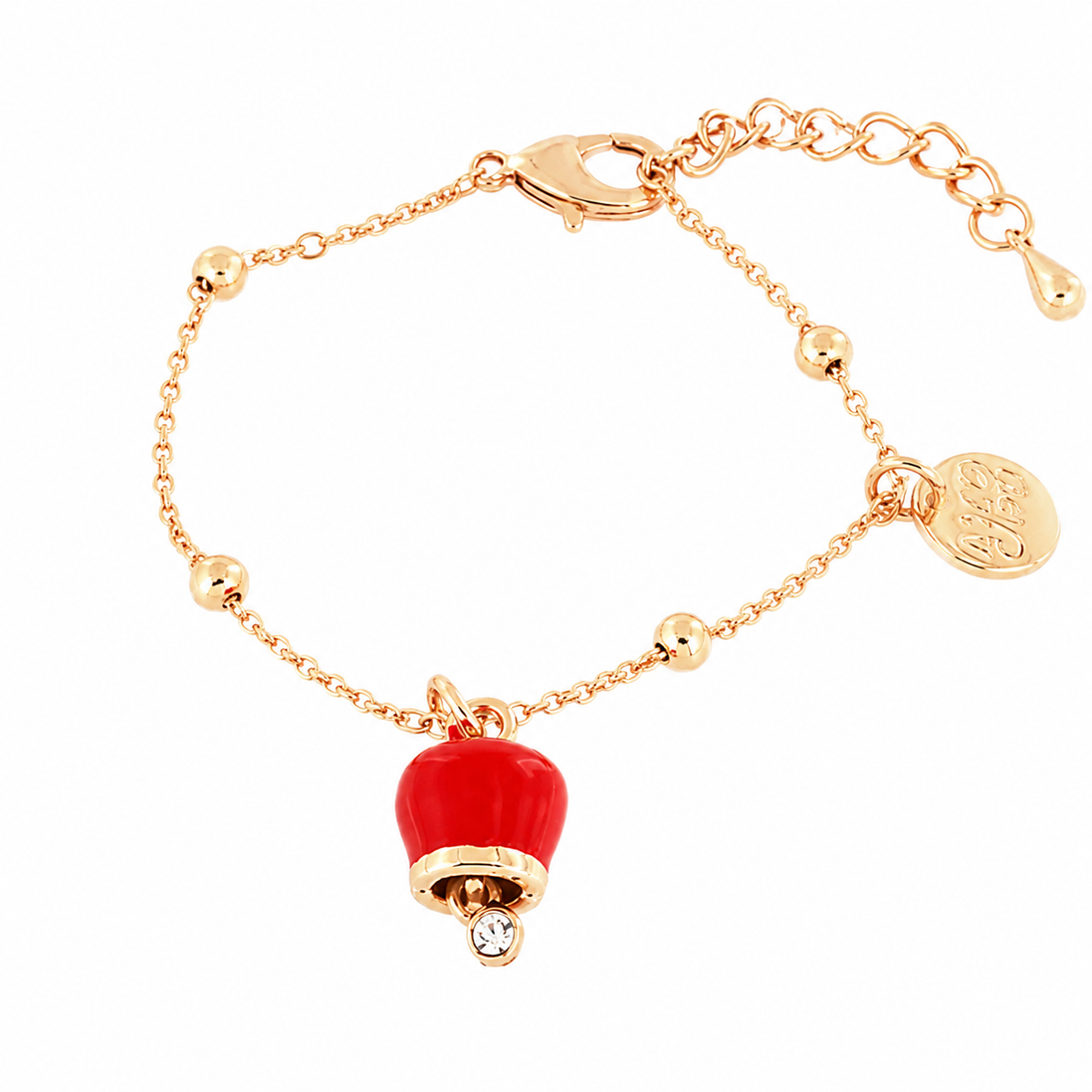 Amo Capri - Bracciale in Metallo con campanella portafortuna pendente, impreziosita da smalto rosso e punto luce