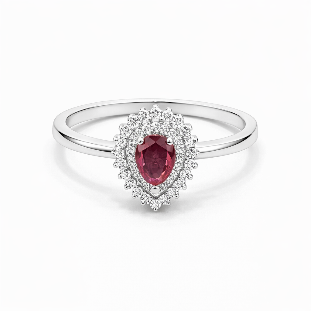 fico gioielli - Anello Goccia in Argento 925 con Pietra Rossa e Zirconi