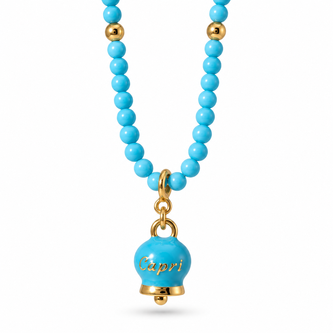 Amo Capri - Collana in Metallo con filo di sfere azzurre e campanella con scritta Capri