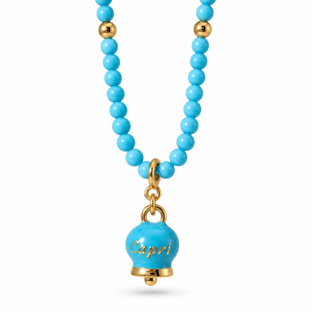 Amo Capri - Collana in Metallo con filo di sfere azzurre e campanella con scritta Capri