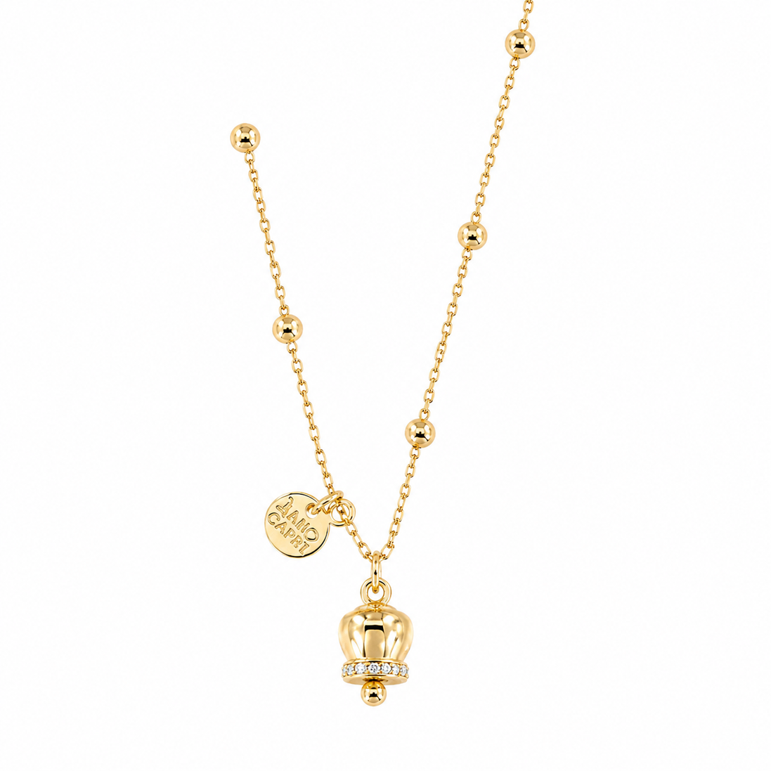 amo capri - Collana in Metallo con campanella portafortuna pendente, impreziosita da cristalli