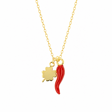 BYSIMON - Collana in Argento 925 con corno portafortuna impreziosito da smalto rosso e quadrifoglio portafortuna