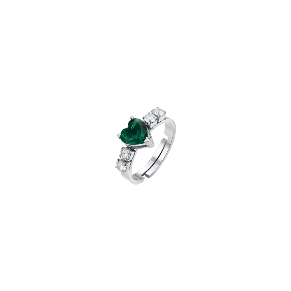 LUCA BARRA - ANELLO DONNA IN ACCIAIO CON CRISTALLI BIANCHI E CUORE CRISTALLO VERDE