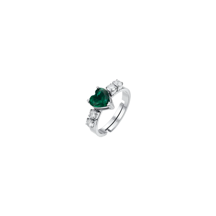 LUCA BARRA - ANELLO DONNA IN ACCIAIO CON CRISTALLI BIANCHI E CUORE CRISTALLO VERDE