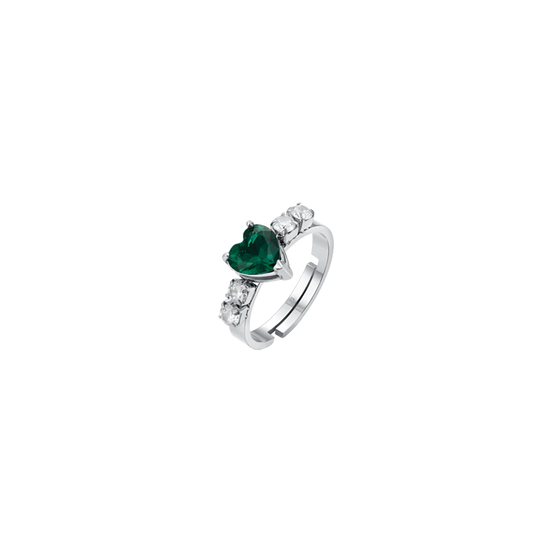 LUCA BARRA - ANELLO DONNA IN ACCIAIO CON CRISTALLI BIANCHI E CUORE CRISTALLO VERDE