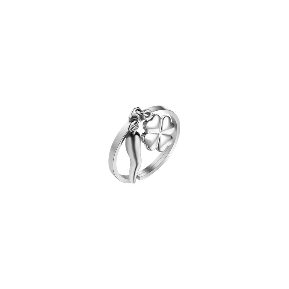 LUCA BARRA - ANELLO DONNA IN ACCIAIO CON CORNO E QUADRIFOGLIO