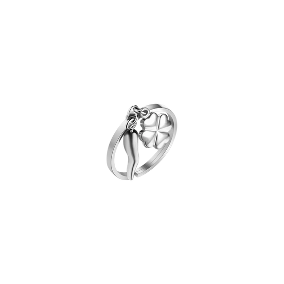 LUCA BARRA - ANELLO DONNA IN ACCIAIO CON CORNO E QUADRIFOGLIO