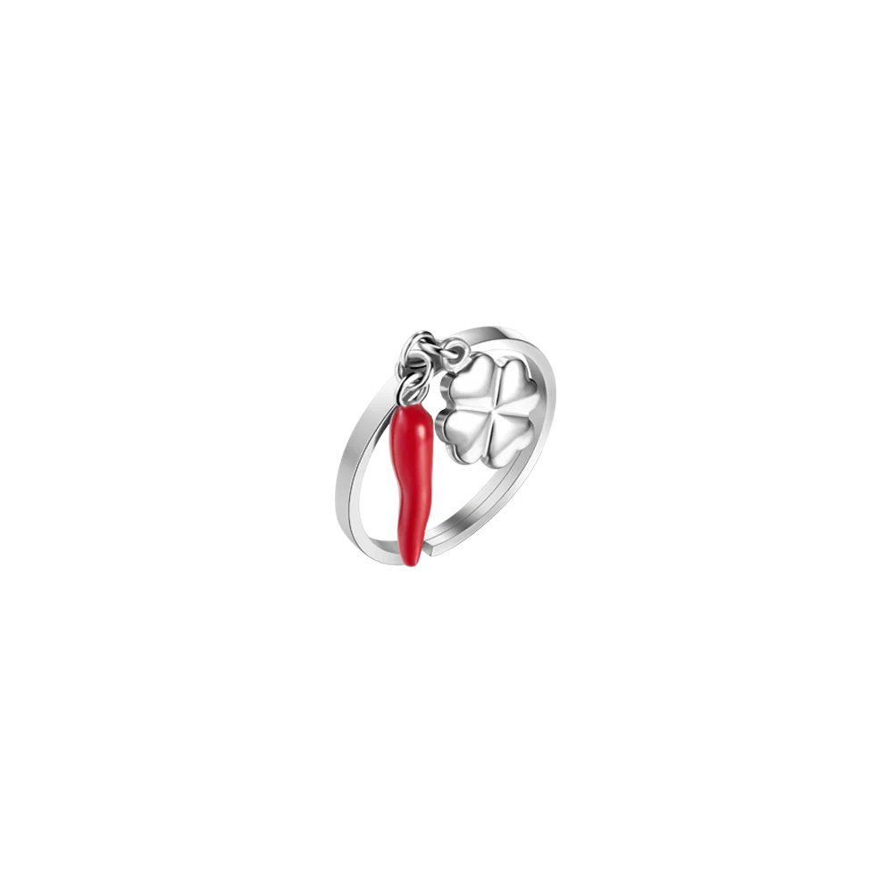 LUCA BARRA - ANELLO DONNA IN ACCIAIO CON CORNO ROSSO E QUADRIFOGLIO