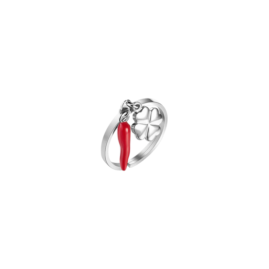 LUCA BARRA - ANELLO DONNA IN ACCIAIO CON CORNO ROSSO E QUADRIFOGLIO