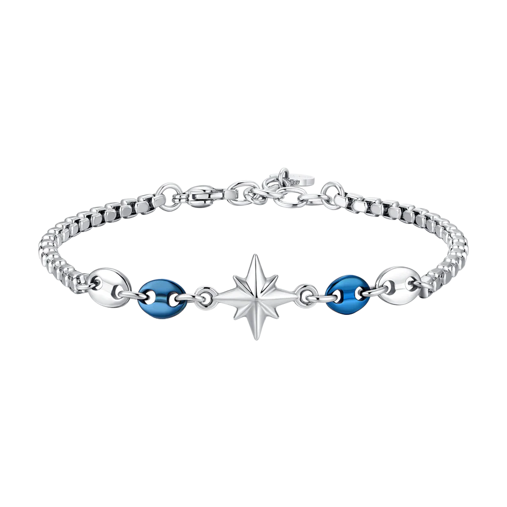 luca barra - BRACCIALE UOMO IN ACCIAIO CON ROSA DEI VENTI ED ELEMENTI IN ACCIAIO IP BLU
