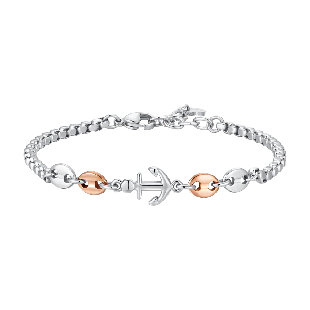 luca barra - BRACCIALE UOMO IN ACCIAIO CON ANCORA ED ELEMENTI IN ACCIAIO IP ROSE
