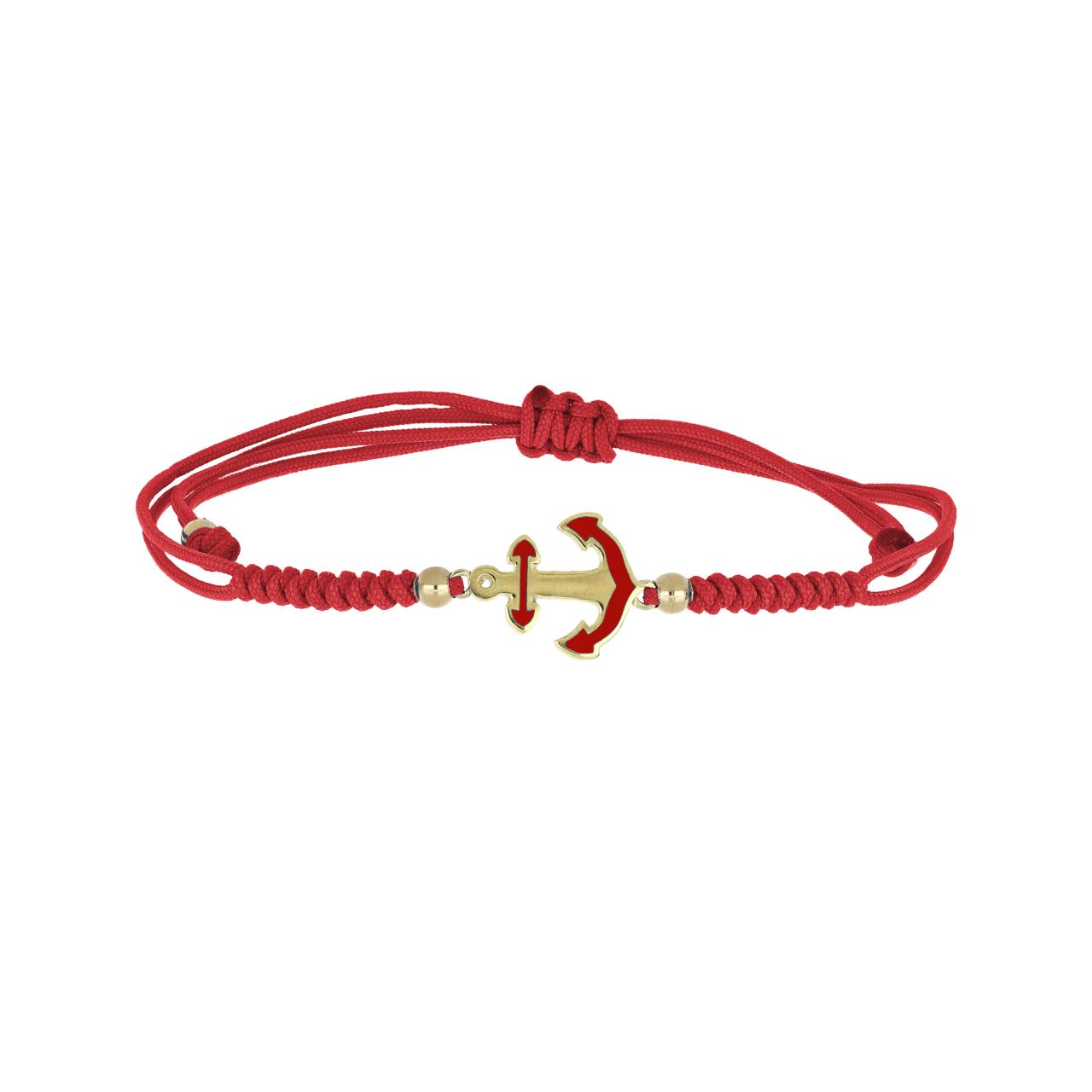 igold - Bracciale con Ancora Smaltata Rossa in Oro Giallo 375% 9 kt e Cordino Rosso Regolabile