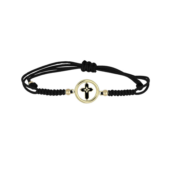 igold - Bracciale con Medaglia Tonda e Croce Stilizzata in Oro Giallo 375% 9 kt su Cordino Nero