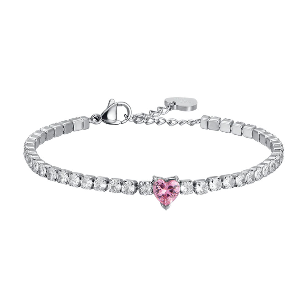 luca barra - BRACCIALE DONNA IN ACCIAIO CON CRISTALLI BIANCHI E CUORE CRISTALLO ROSA