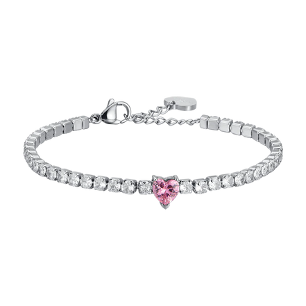 luca barra - BRACCIALE DONNA IN ACCIAIO CON CRISTALLI BIANCHI E CUORE CRISTALLO ROSA