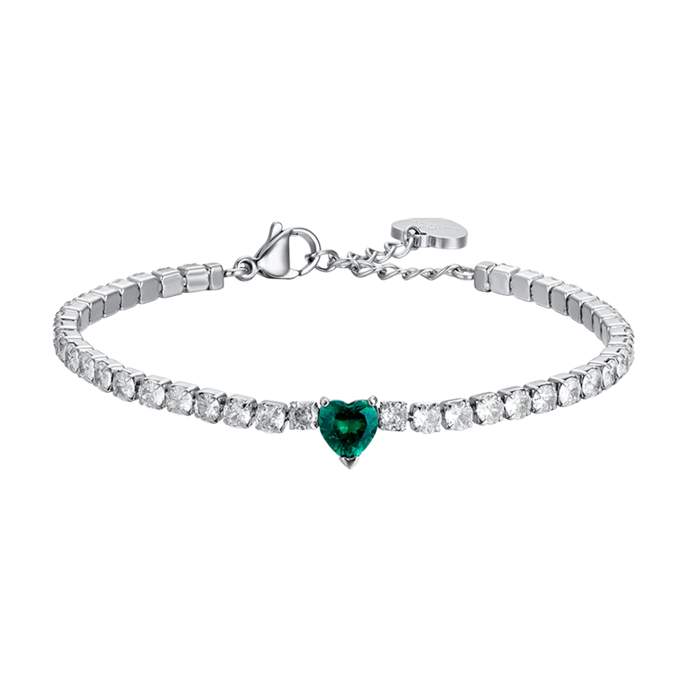 luca barra - BRACCIALE TENNIS DONNA IN ACCIAIO CON CRISTALLI BIANCHI E CUORE CRISTALLO VERDE