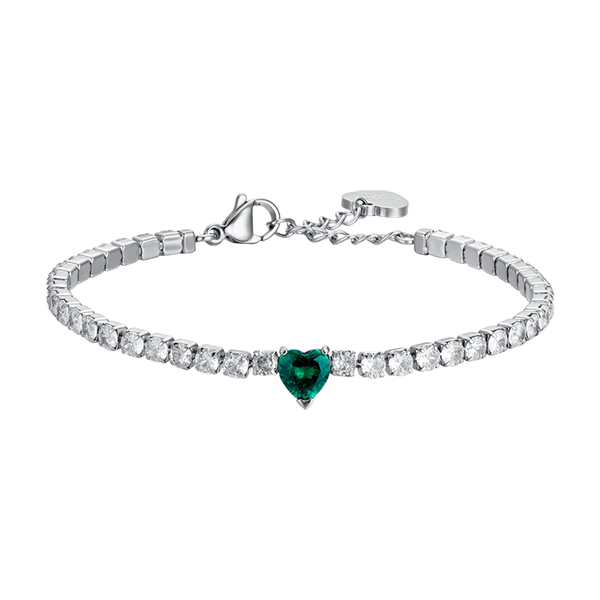 luca barra - BRACCIALE TENNIS DONNA IN ACCIAIO CON CRISTALLI BIANCHI E CUORE CRISTALLO VERDE