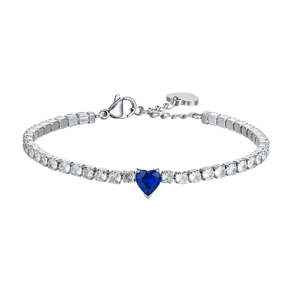 luca barra - BRACCIALE TENNIS DONNA IN ACCIAIO CON CRISTALLI BIANCHI E CUORE CRISTALLO BLU