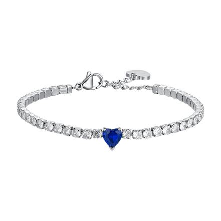 luca barra - BRACCIALE TENNIS DONNA IN ACCIAIO CON CRISTALLI BIANCHI E CUORE CRISTALLO BLU