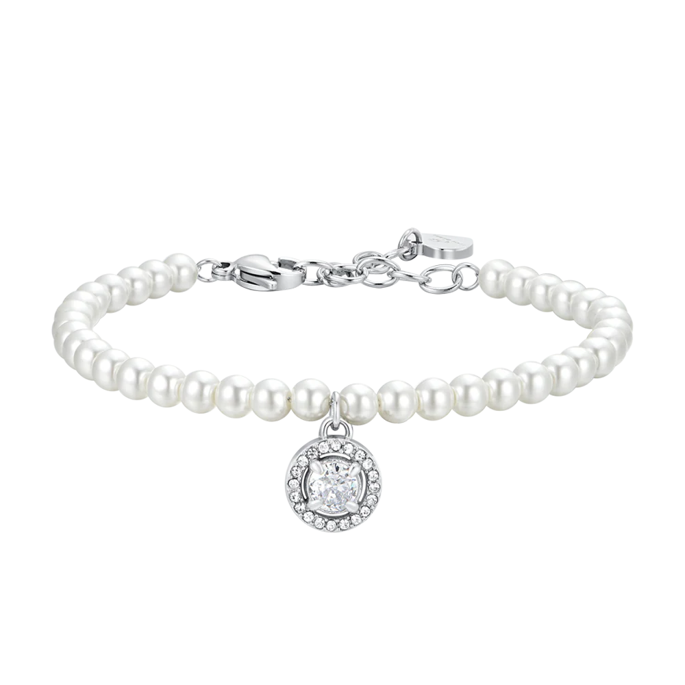 luca barra - BRACCIALE DONNA IN ACCIAIO PERLE SINTETICHE E ZIRCONE BIANCO