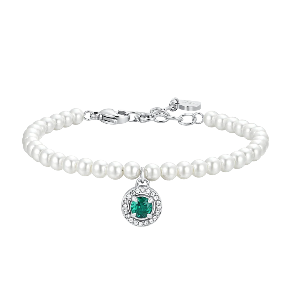 luca barra - BRACCIALE DONNA IN ACCIAIO PERLE SINTETICHE E ZIRCONE VERDE