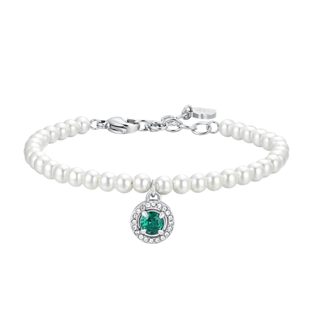 luca barra - BRACCIALE DONNA IN ACCIAIO PERLE SINTETICHE E ZIRCONE VERDE