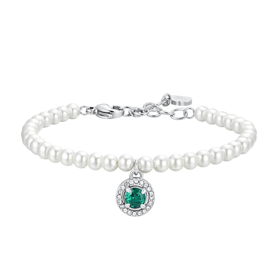 luca barra - BRACCIALE DONNA IN ACCIAIO PERLE SINTETICHE E ZIRCONE VERDE