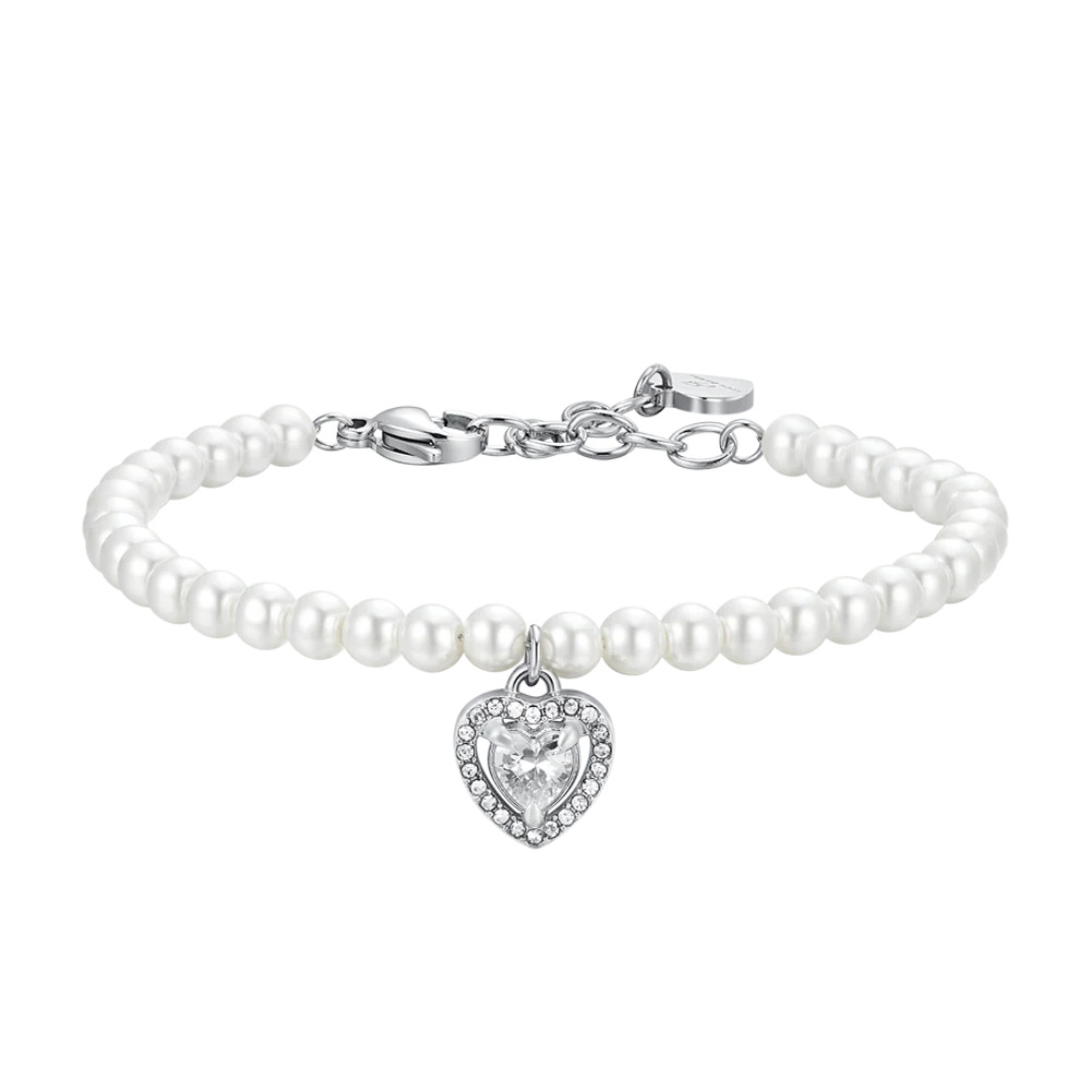 luca barra - BRACCIALE DONNA IN ACCIAIO PERLE SINTETICHE E CUORE ZIRCONE BIANCO