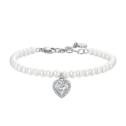 luca barra - BRACCIALE DONNA IN ACCIAIO PERLE SINTETICHE E CUORE ZIRCONE BIANCO