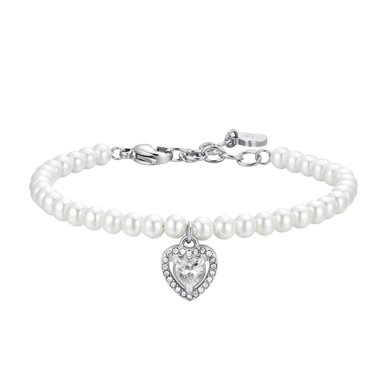 luca barra - BRACCIALE DONNA IN ACCIAIO PERLE SINTETICHE E CUORE ZIRCONE BIANCO