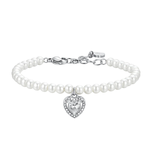 luca barra - BRACCIALE DONNA IN ACCIAIO PERLE SINTETICHE E CUORE ZIRCONE BIANCO