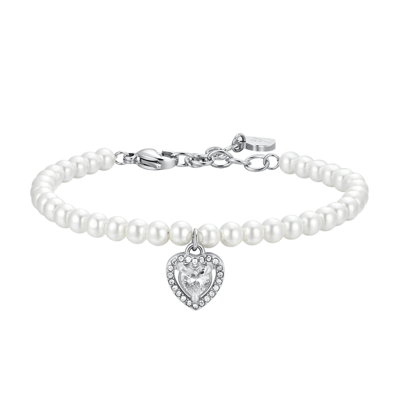 luca barra - BRACCIALE DONNA IN ACCIAIO PERLE SINTETICHE E CUORE ZIRCONE BIANCO