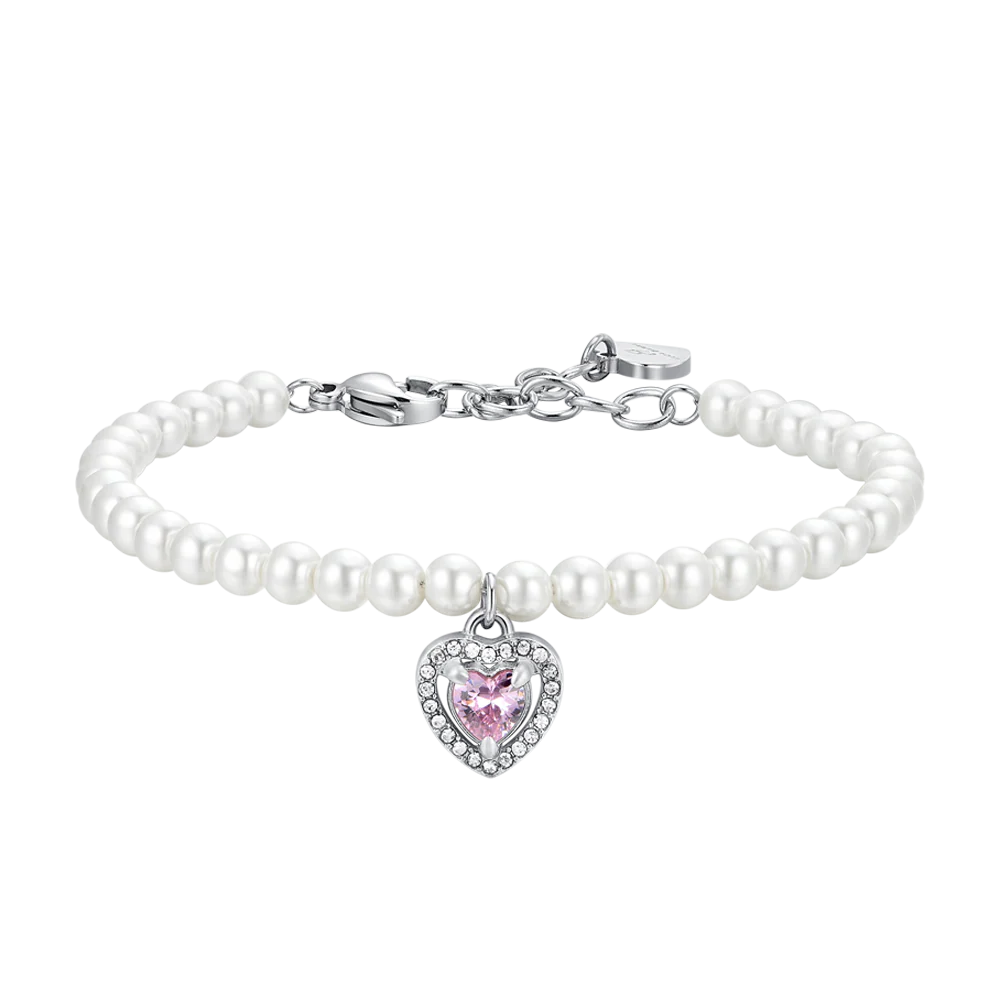 luca barra - BRACCIALE DONNA IN ACCIAIO PERLE SINTETICHE E CUORE ZIRCONE ROSA