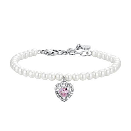 luca barra - BRACCIALE DONNA IN ACCIAIO PERLE SINTETICHE E CUORE ZIRCONE ROSA