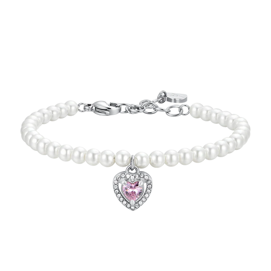 luca barra - BRACCIALE DONNA IN ACCIAIO PERLE SINTETICHE E CUORE ZIRCONE ROSA