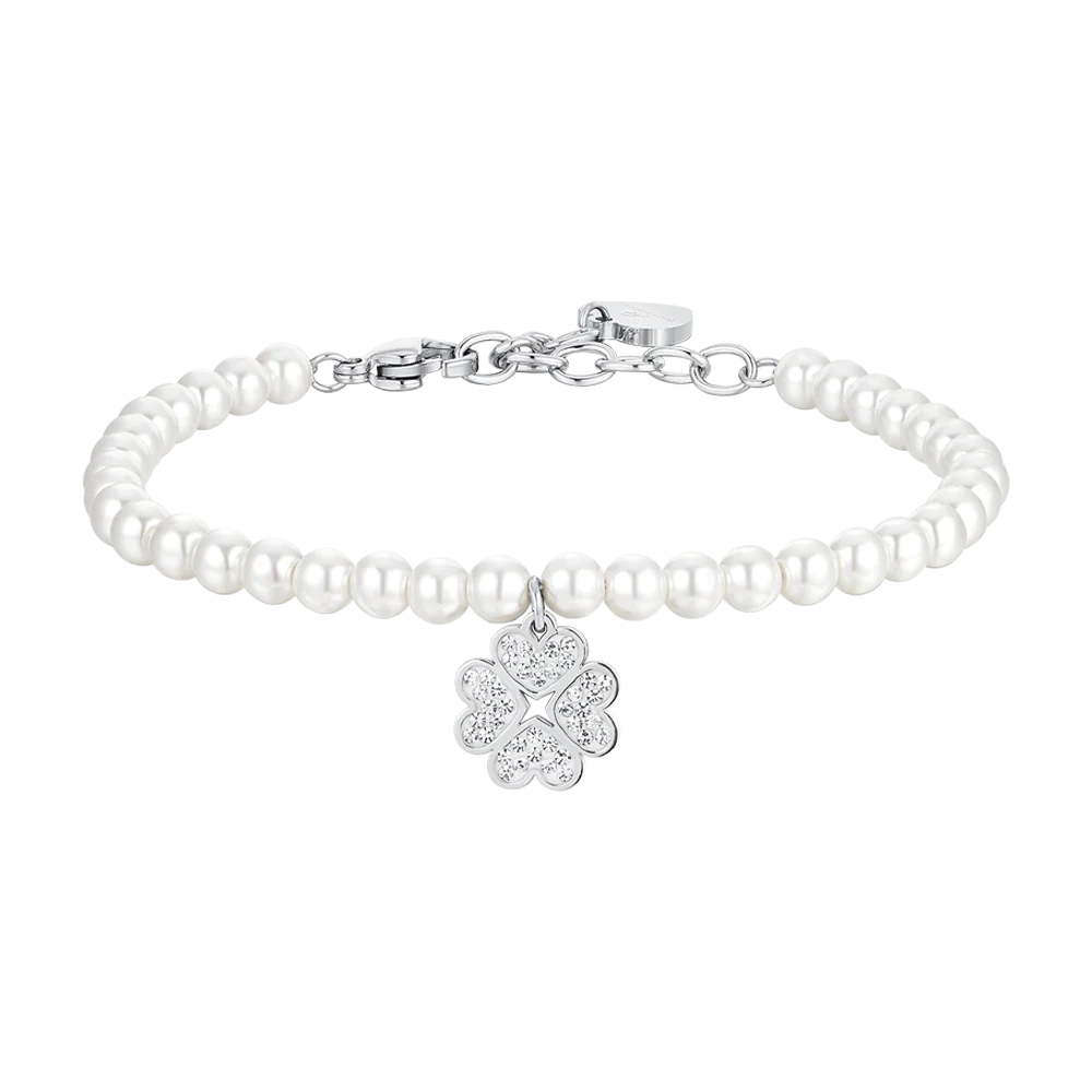 luca barra - BRACCIALE DONNA IN ACCIAIO PERLE SINTETICHE E QUADRIFOGLIO