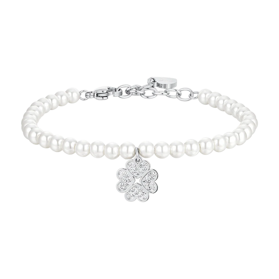 luca barra - BRACCIALE DONNA IN ACCIAIO PERLE SINTETICHE E QUADRIFOGLIO