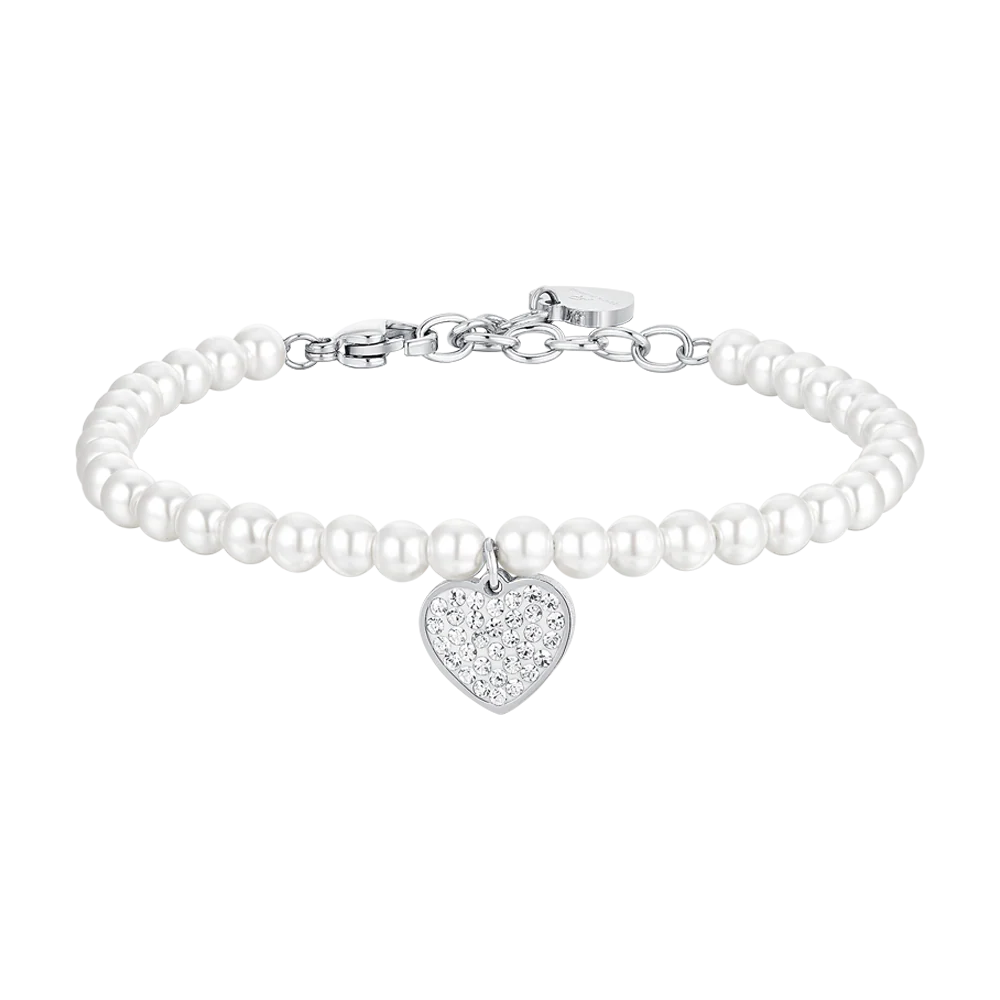 luca barra - BRACCIALE DONNA IN ACCIAIO PERLE SINTETICHE E CUORE