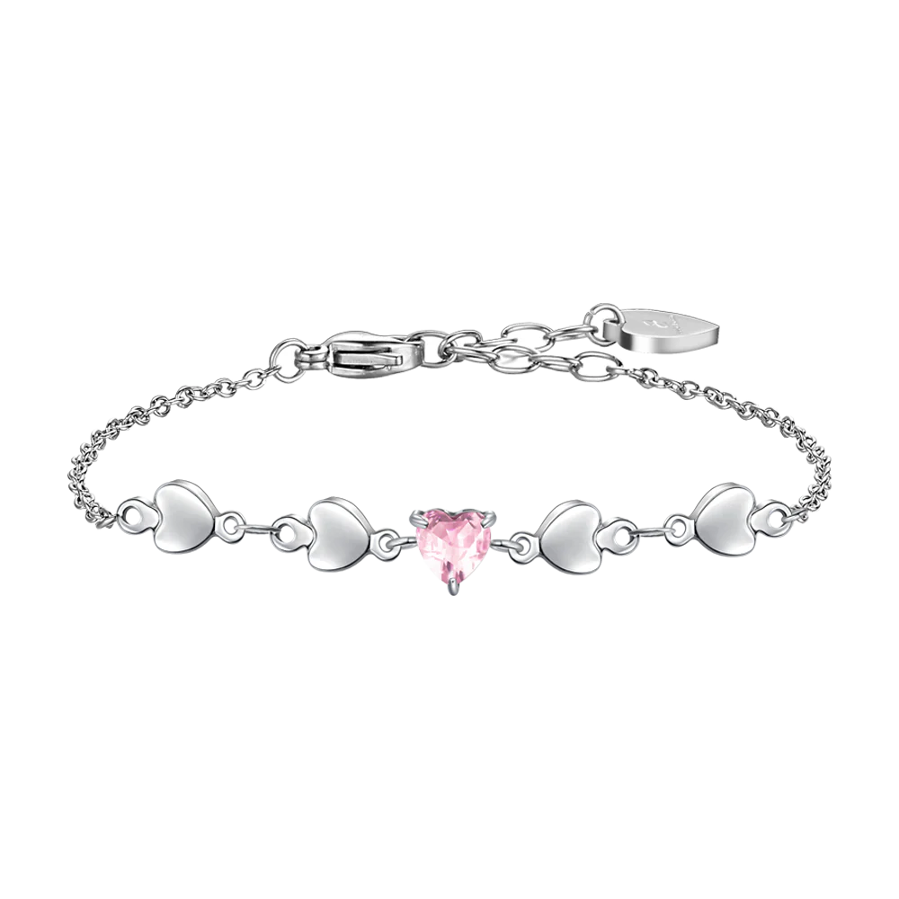 luca barra - BRACCIALE DONNA IN ACCIAIO CON CUORI E ZIRCONE ROSA