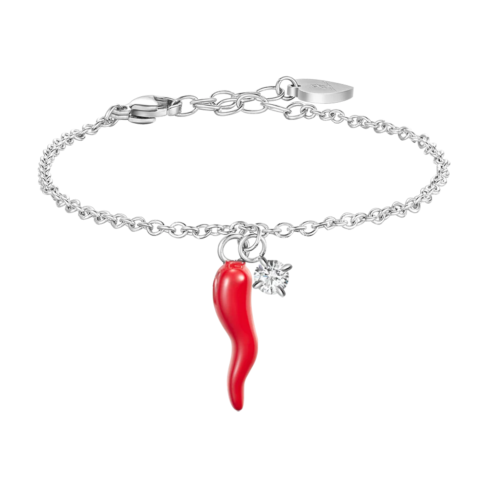 luca barra - BRACCIALE IN ACCIAIO CON CORNO ROSSO E PUNTO LUCE