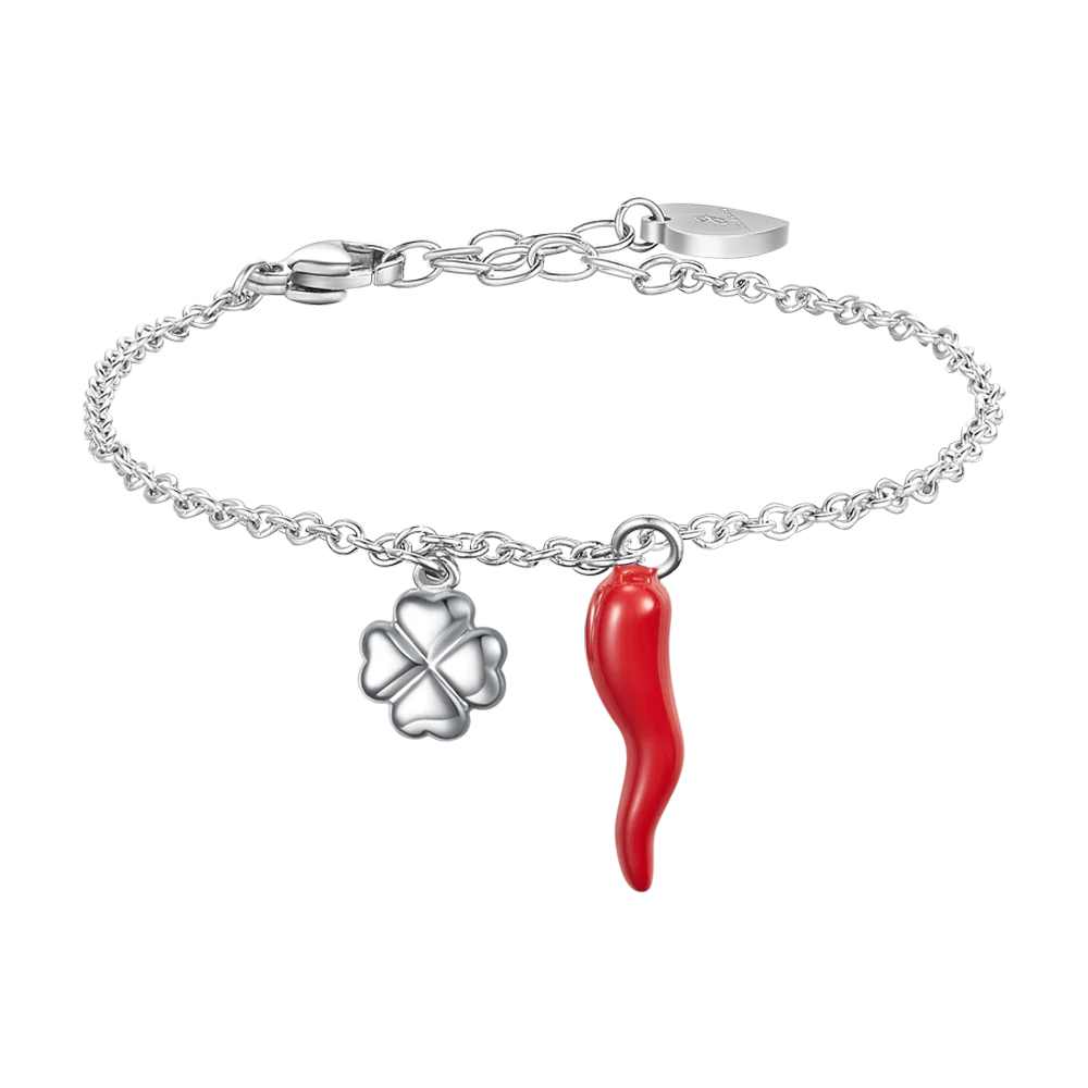 luca barra - BRACCIALE IN ACCIAIO CON CORNO ROSSO E QUADRIFOGLIO