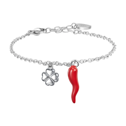 luca barra - BRACCIALE IN ACCIAIO CON CORNO ROSSO E QUADRIFOGLIO