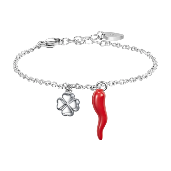 luca barra - BRACCIALE IN ACCIAIO CON CORNO ROSSO E QUADRIFOGLIO